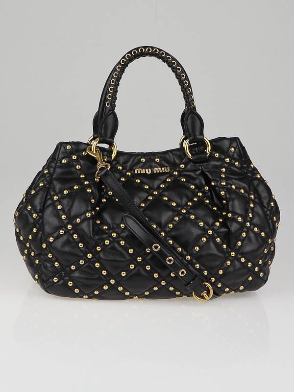 Miu Miu Black Quilted Coated Fabric Studded Tote Bag