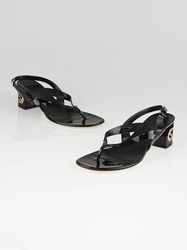 Gucci Black Patent Leather Interlocking G Thong Sandals Size 7.5/38