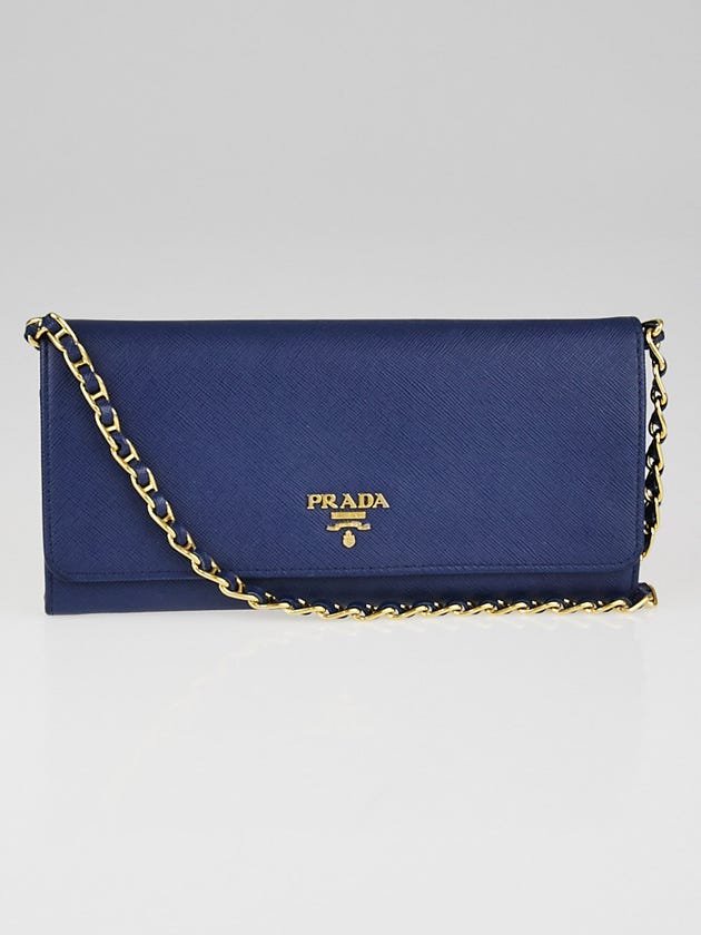 Prada Bluette Saffiano Metal Leather Wallet on Chain Clutch Bag 1MT290
