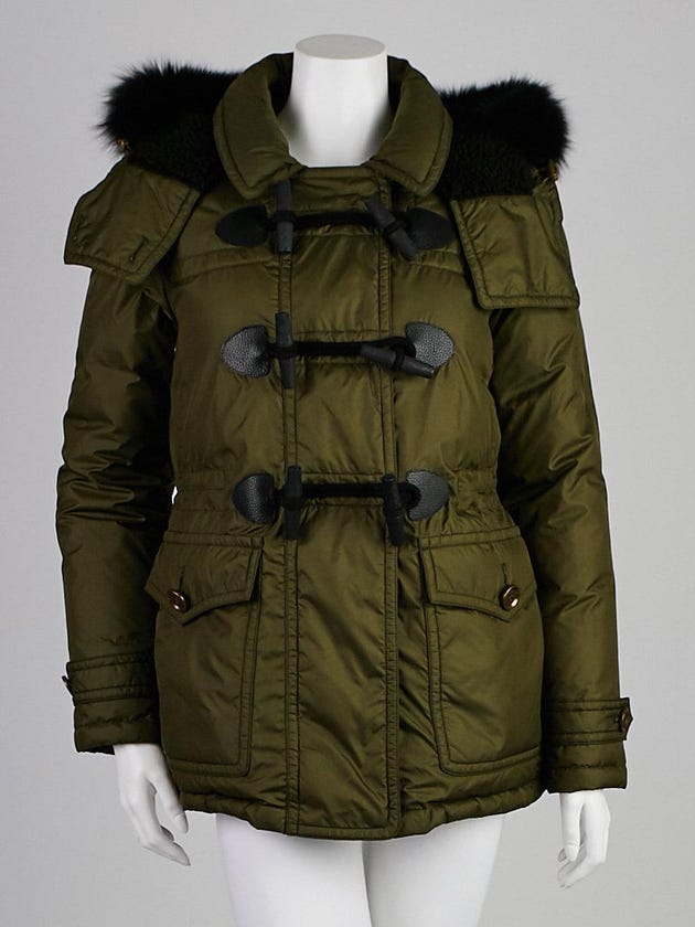 Burberry Army Green Polyester Fox Fur Trim Down Worthington Coat Size S