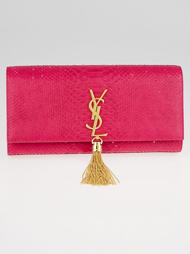 Yves Saint Laurent Pink Python Stamped Leather Monogram Tassel Clutch Bag