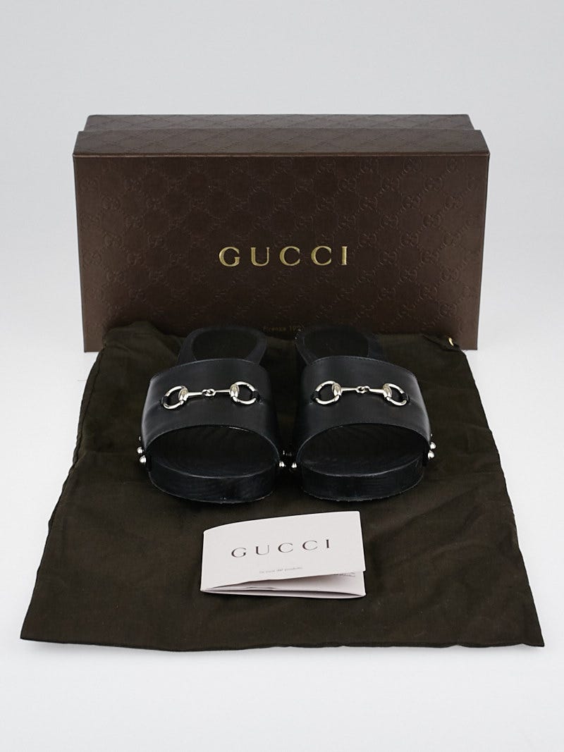 GUCCI ブラック ミュール 24cm Gucci Black Leather and Wooden Open-Toe Horsebit Clog Sandals Size