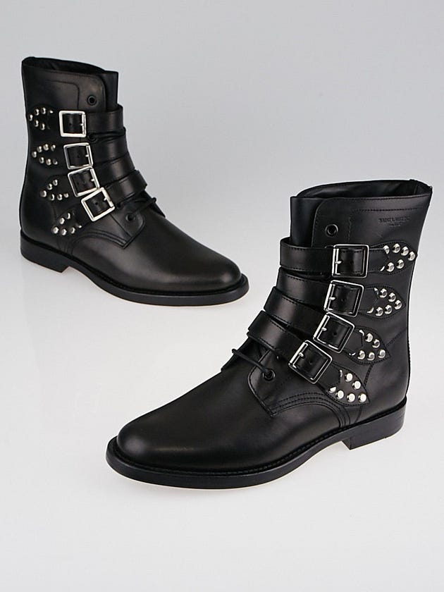 Yves Saint Laurent Black leather Studded Rangers Boots Size 8.5/39