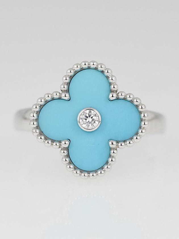 Van Cleef & Arpels 18k White Gold Turquoise and Diamond Vintage Alhambra Ring Size 6.5/53