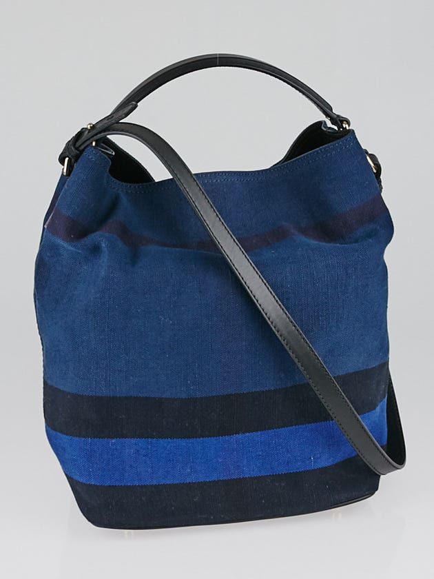Burberry Navy Blue Check Canvas Medium Susanna Bucket Bag