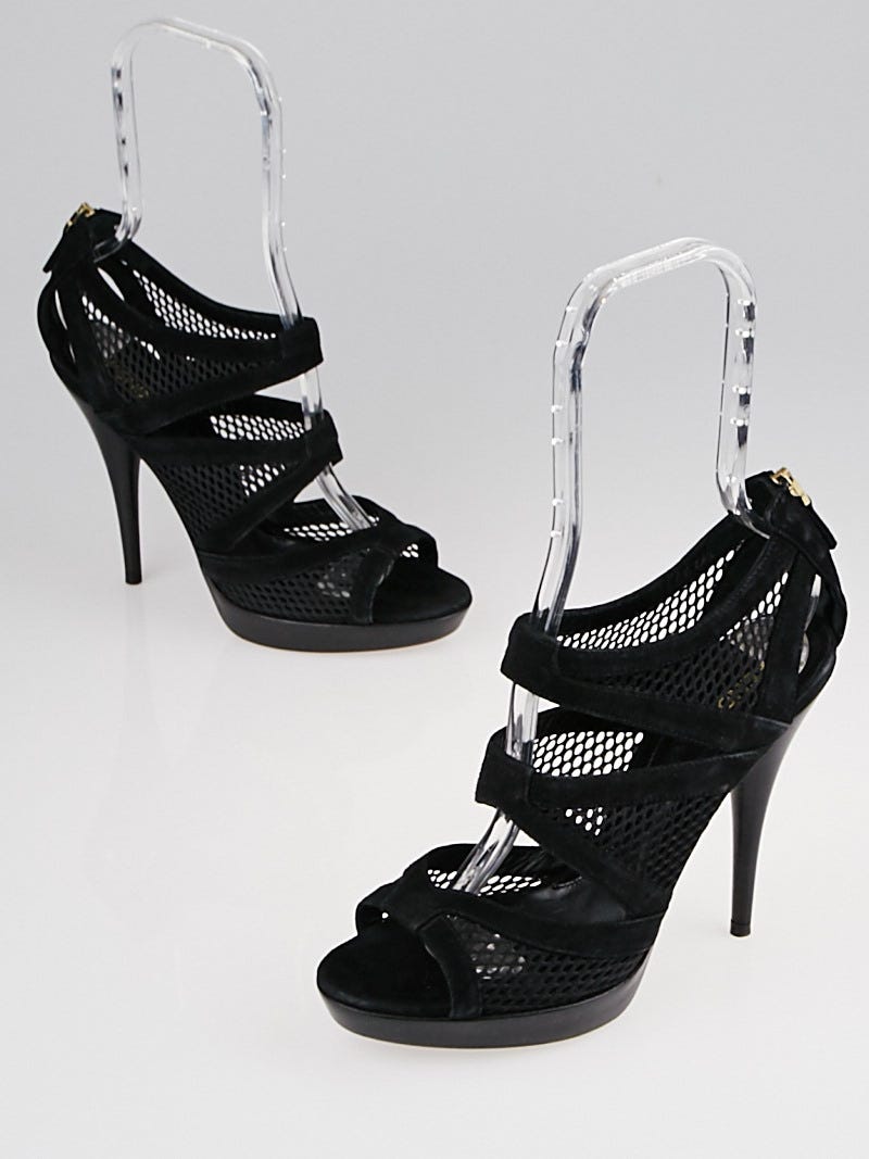 100% Authentic Louis Vuitton Black Leather Signature Hi Heel Logo Sandal  8.5