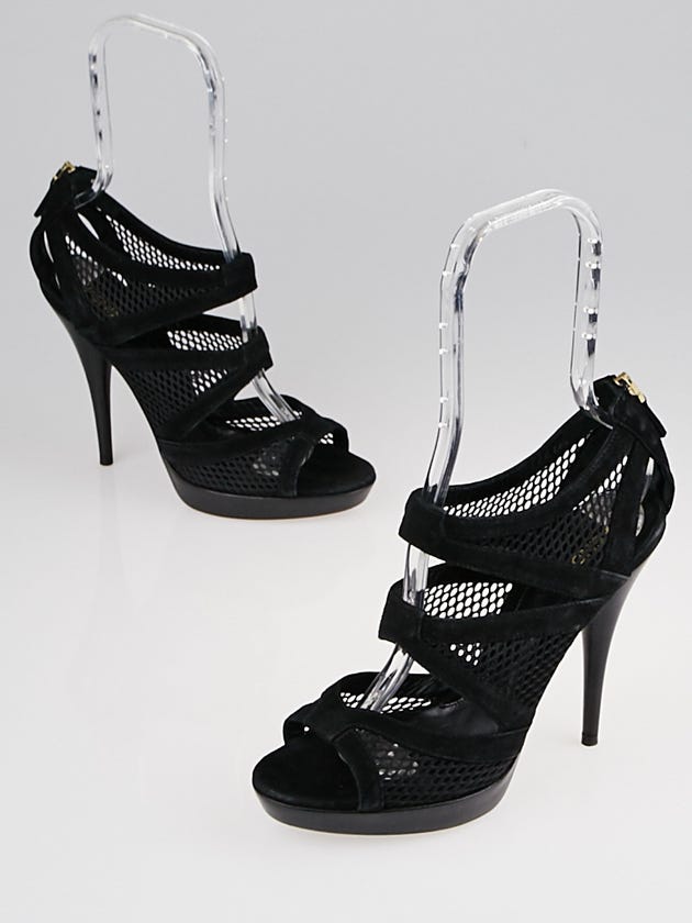 Fendi Black Suede and Mesh Cage Open-Toe Sandals Size 8.5/39