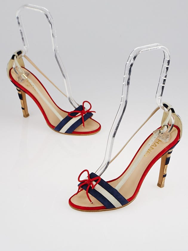 Chanel Red/White/Blue Suede Striped Open-Toe Cork Heel Sandals Size 7/37.5
