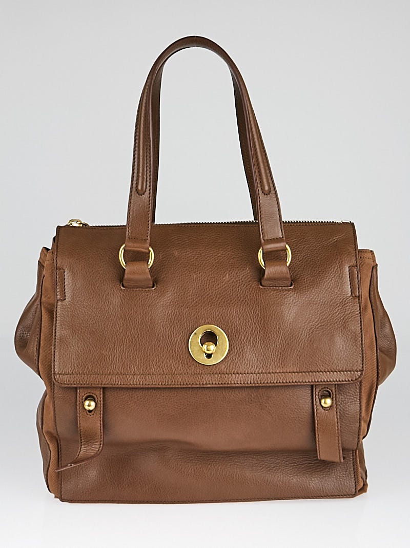 Yves Saint Laurent Brown Leather and Canvas Muse Two Bag - Yoogi's Closet