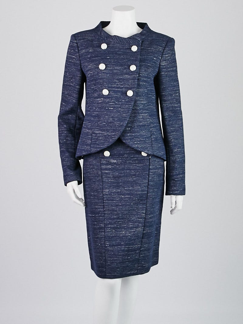 Chanel Blue Cotton Tweed Skirt Suit Set Size 8/40 - Yoogi's Closet