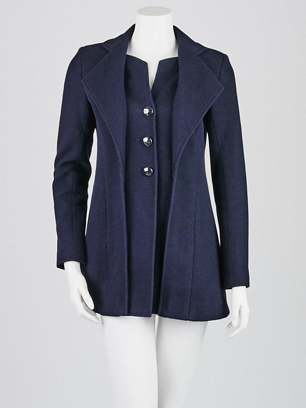 Chanel Navy Blue Textured Cotton Long Blazer Jacket Size 4/36