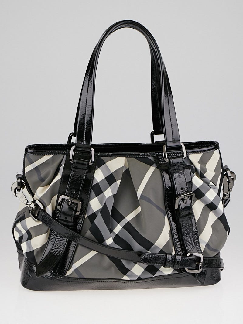 Authentic Burberry Patent Leather Beat Check Black Nylon Tote Bag