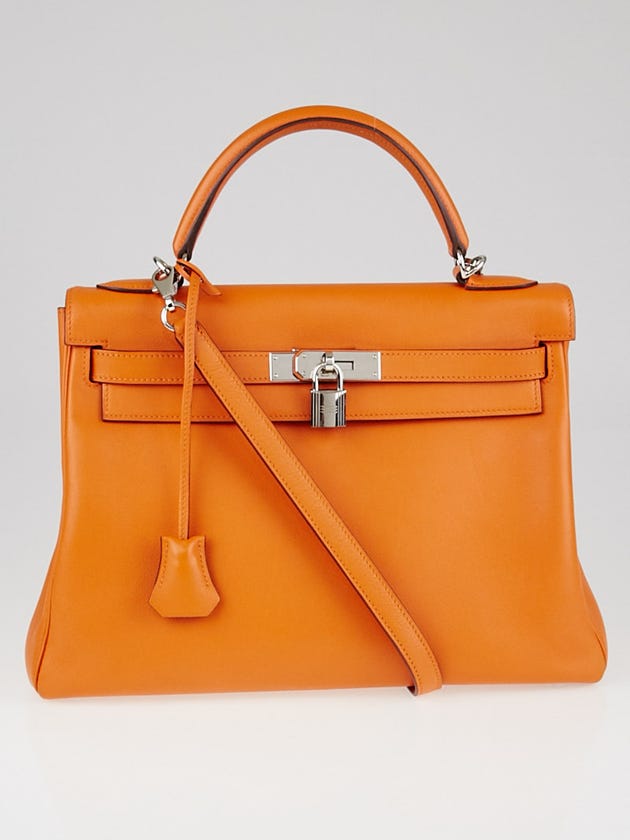 Hermes 32cm Orange Swift Leather Palladium Plated Kelly Retourne Bag