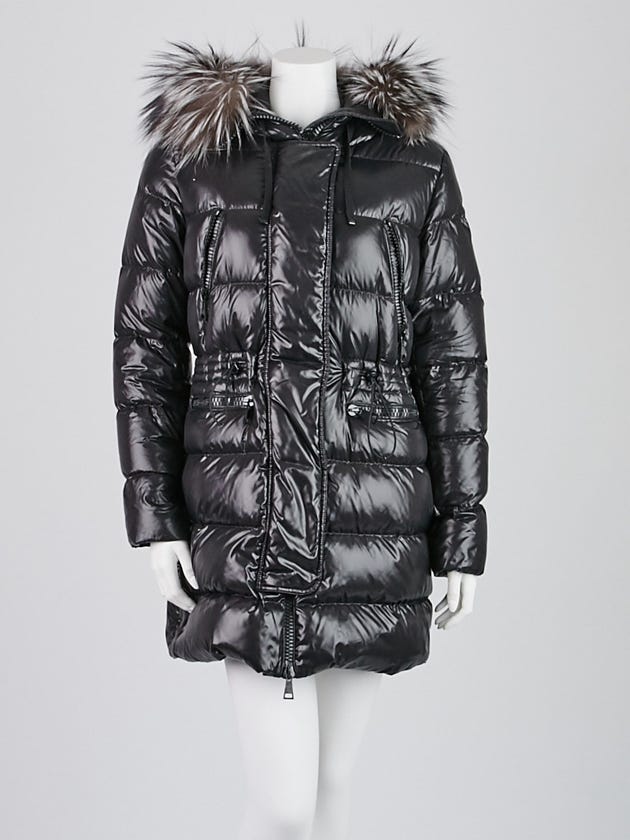 Moncler Black Nylon Quilted Down and Fox Fur Hooded Coat Size 2/M