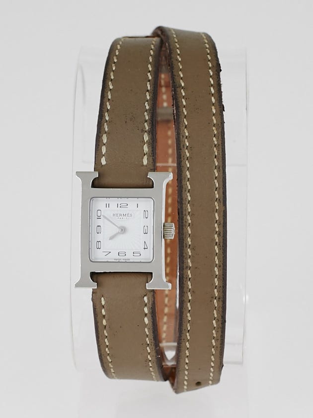Hermes Etoupe Swift Leather Stainless Steel Heure H TPM Double Tour Quartz Watch