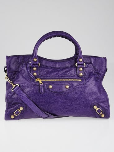 Balenciaga Dark Violet Lambskin Leather Giant 12 Gold City Bag