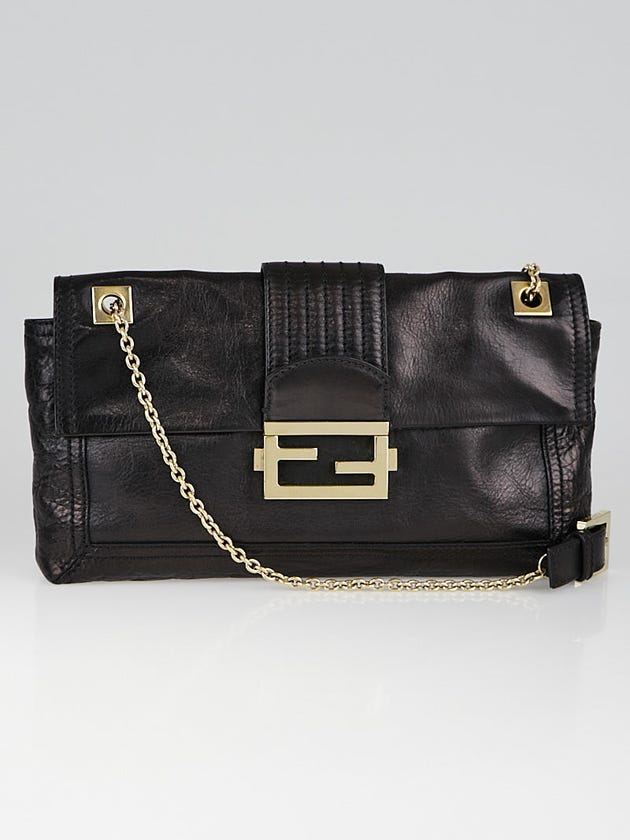 Fendi Black Glazed Leather Baguette Chain Flap Bag 8BT139