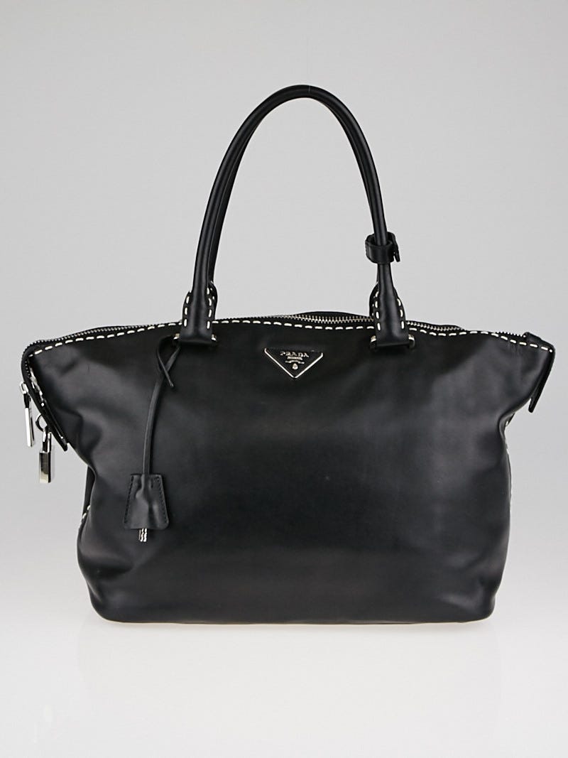 Prada Black Soft Calfskin Leather Double Handle Satchel Bag BR5128 -  Yoogi's Closet