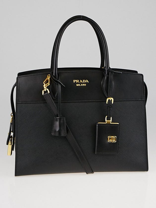 Prada Black Saffiano and City Calf Leather Zip Tote Bag 1BA047