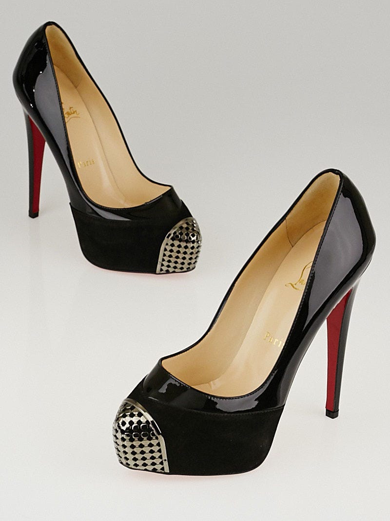 Christian Louboutin Black Patent Leather Lady Peep Toe Platform Size 37  Pumps