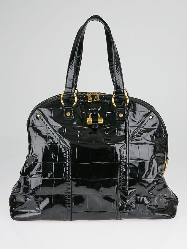 Yves Saint Laurent Black Croc Embossed Patent Leather Muse Bag