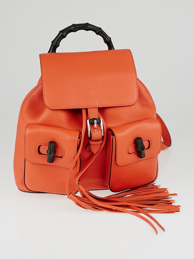 Gucci New Dark Orange Pebbled Leather Bamboo Backpack Bag