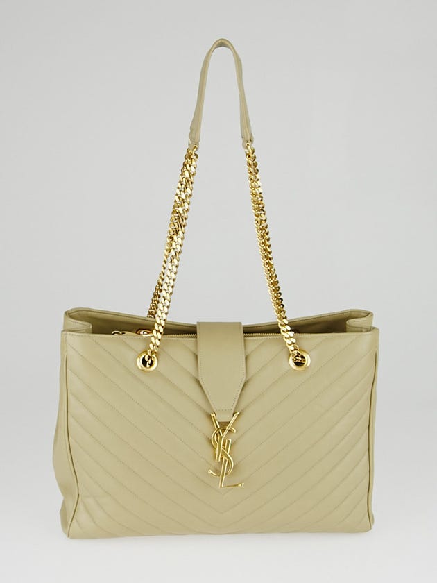 Yves Saint Laurent Beige Chevron Quilted Leather Monogram Tote Bag