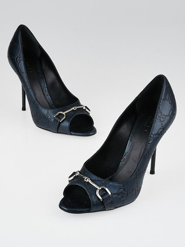 Gucci Metallic Blue Guccissima Leather Peep-Toe Pumps Size 6.5/37