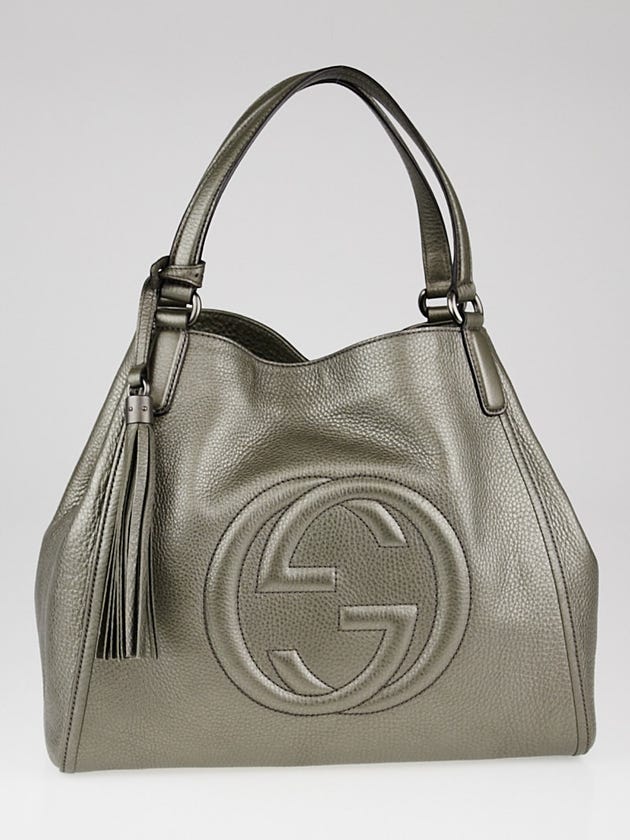 Gucci Pewter Pebbled Leather Soho Top Handle Tote Bag