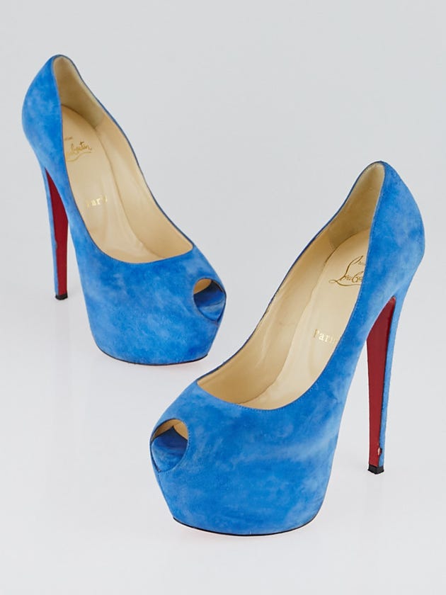 Christian Louboutin Blue Sapphire Suede Highness 160 Peep Toe Pumps Size 9/39.5