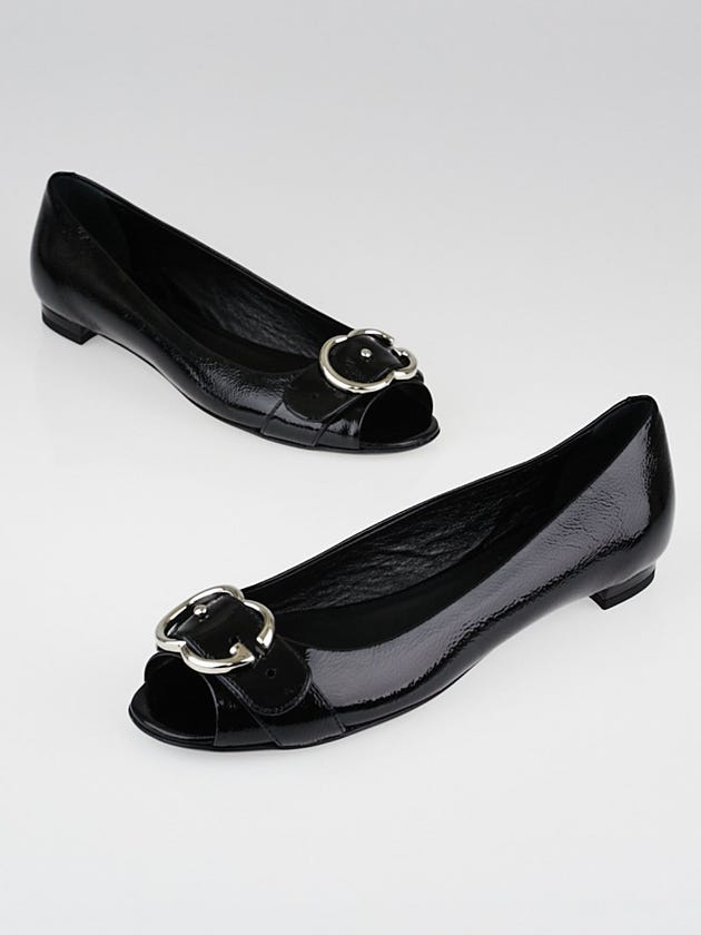 Gucci Black Patent Leather GG Buckle Peep-Toe Flats Size 8/38.5