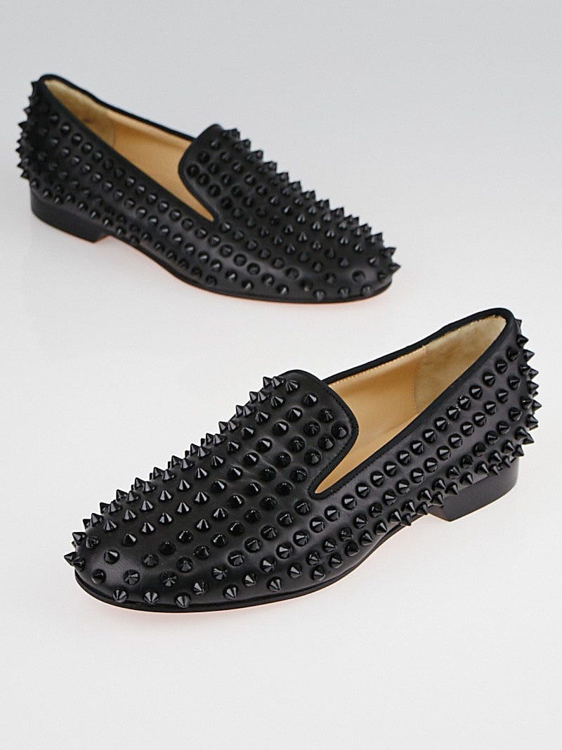 Christian Louboutin Black Leather Rolling Spikes Flat Loafers Size