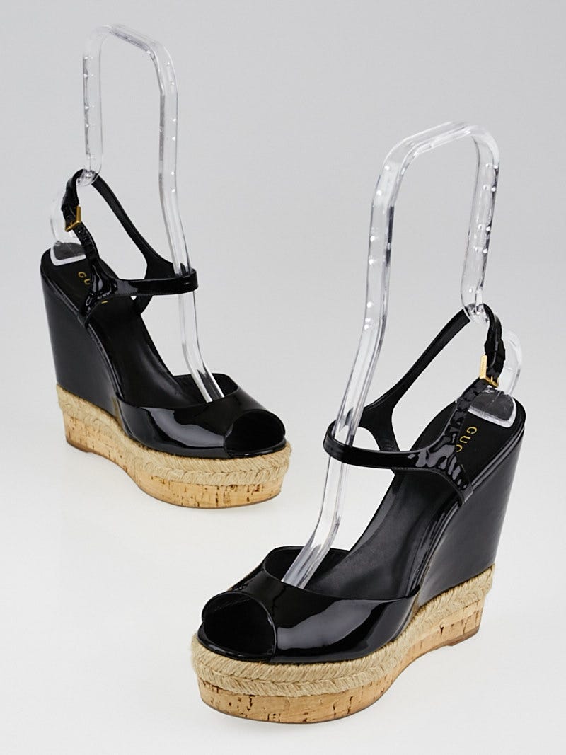 Gucci Black Patent Leather Hollie Wedge Sandals Size 6.5/37