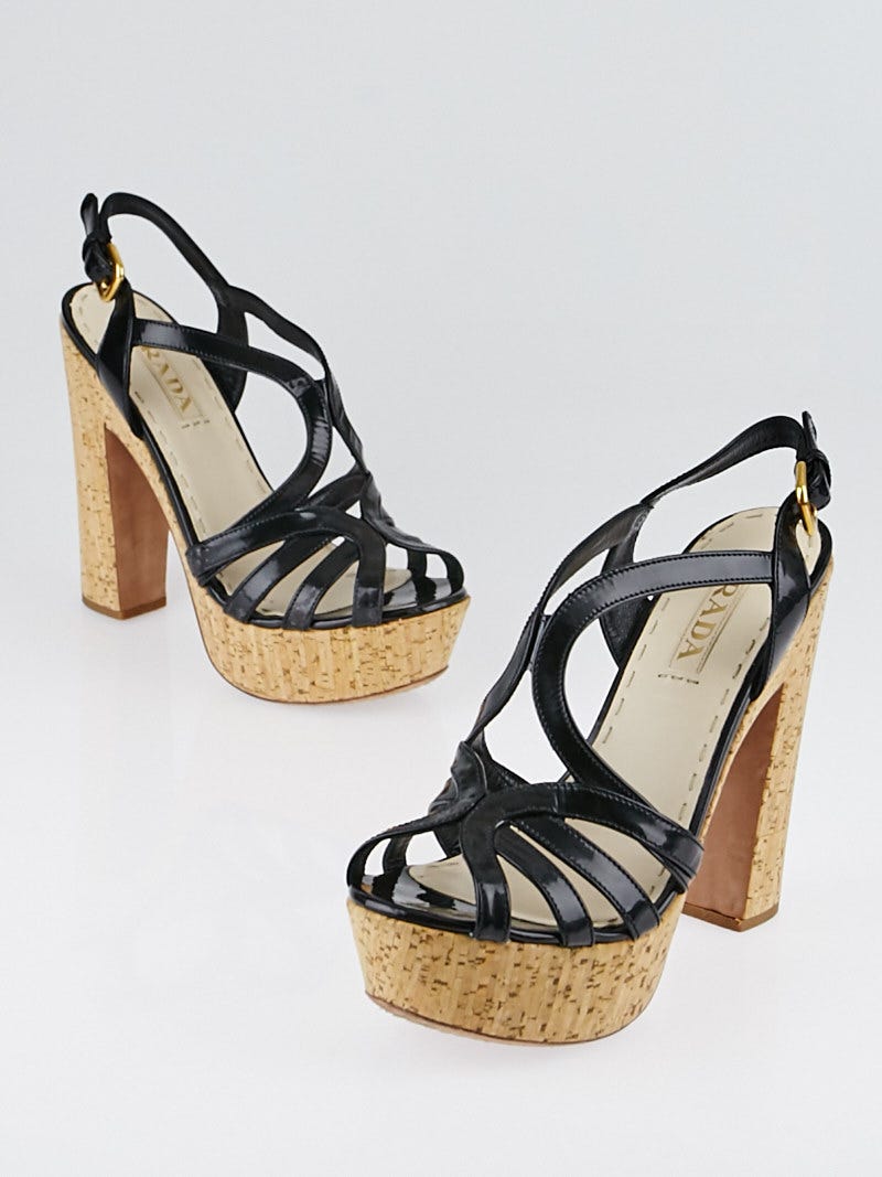 Prada Black Patent Leather and Cork Platform Sandals Size /37 - Yoogi's  Closet