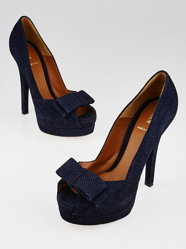 Fendi Navy Blue Fabric Peep-Toe Platform Bow Pumps Size 7/37.5