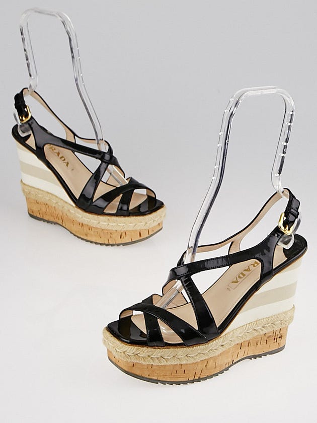 Prada Black Patent Leather and Cork Espadrille Wedges Size 6.5/37