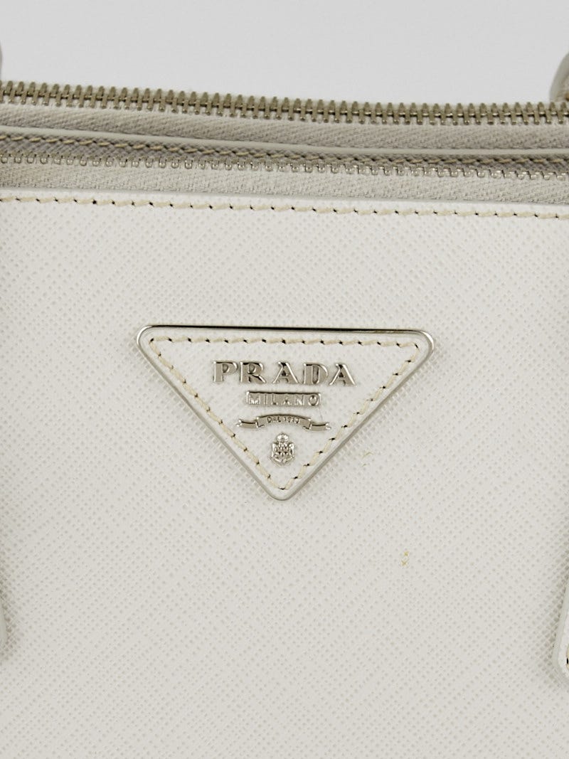 Prada Talco/Nero Saffiano Lux Leather Small Zip Tote Bag