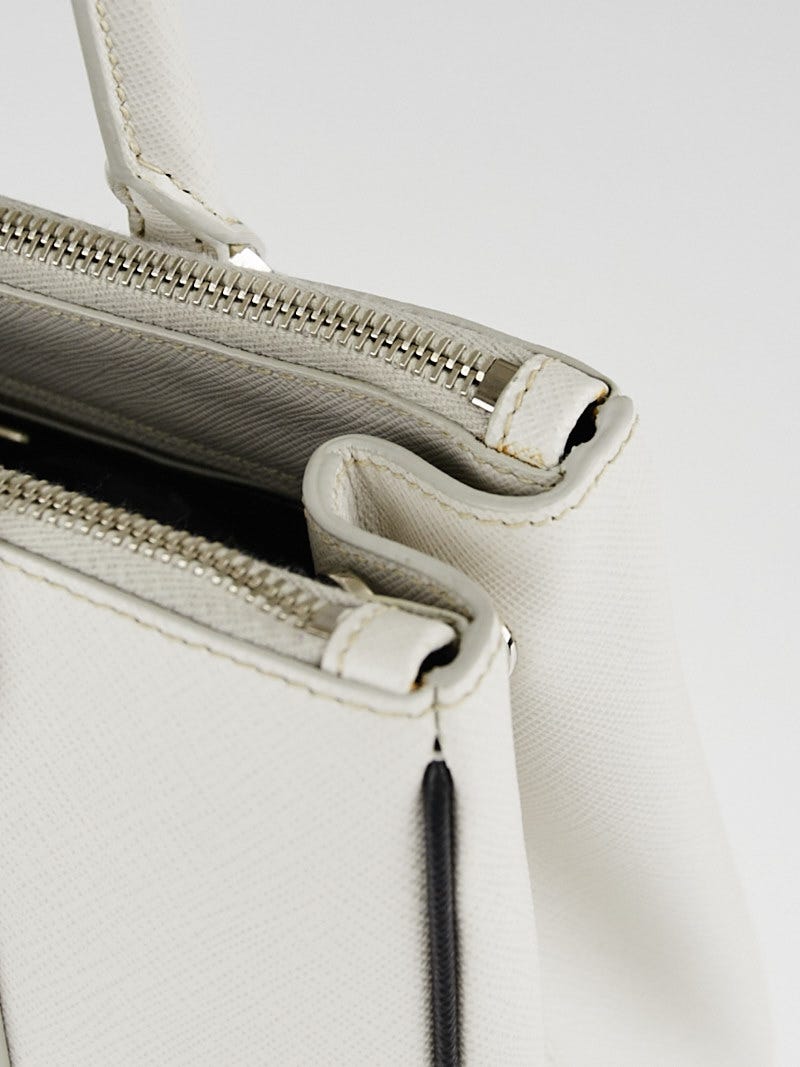 Prada Talco/Nero Saffiano Lux Leather Small Zip Tote Bag