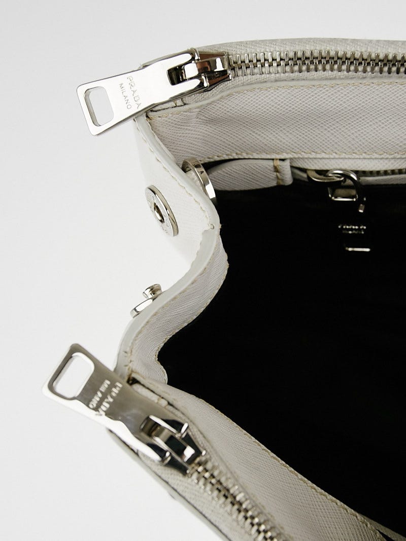Prada Talco/Nero Saffiano Lux Leather Small Zip Tote Bag