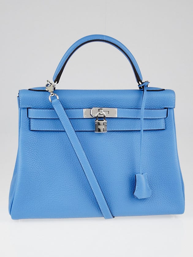Hermes 32cm Blue Paradise Clemence Leather Palladium Plated Kelly Retourne Bag
