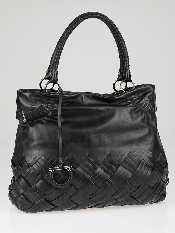 Salvatore Ferragamo Black Leather Basketweave Tote Bag
