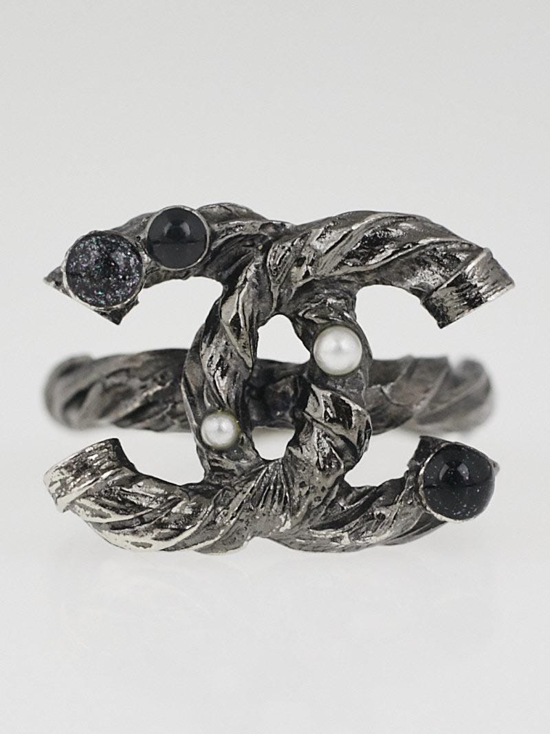 Chanel Dark Silvertone and Beaded CC Ring Size 6.5