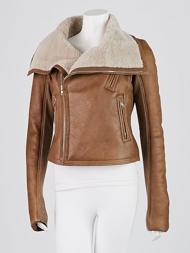 Rick Owens Brown Lambskin Leather and Shearling Biker Jacket Size 10/44