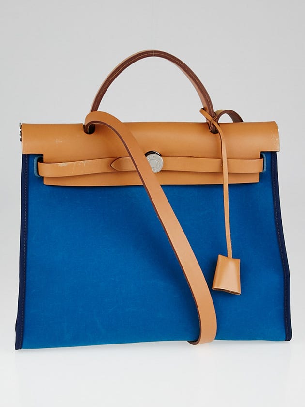 Hermes Blue Izmir Canvas and Natural Calfskin Leather Herbag Zip PM Bag