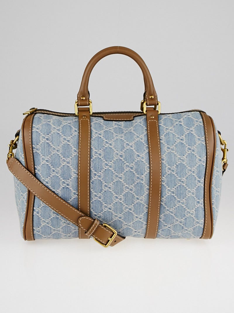 Authentic Gucci Blue GG Denim Vintage Web Boston Bag with