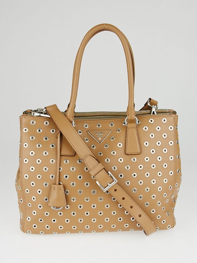 Prada Caramel City Calf Leather Eyelet Top Handle Tote Bag 1BA274