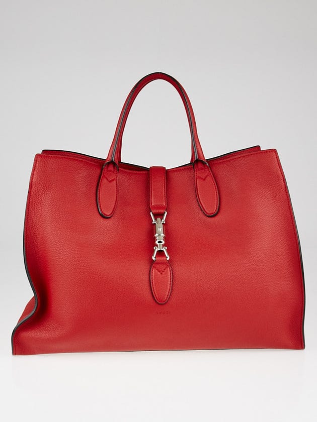 Gucci Hibiscus Red Pebbled Leather Soft Jackie Large Top Handle Bag