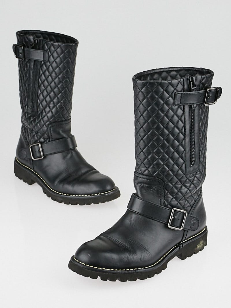 Chanel Black Quilted Leather Motorcycle Boots Size 7.5/38