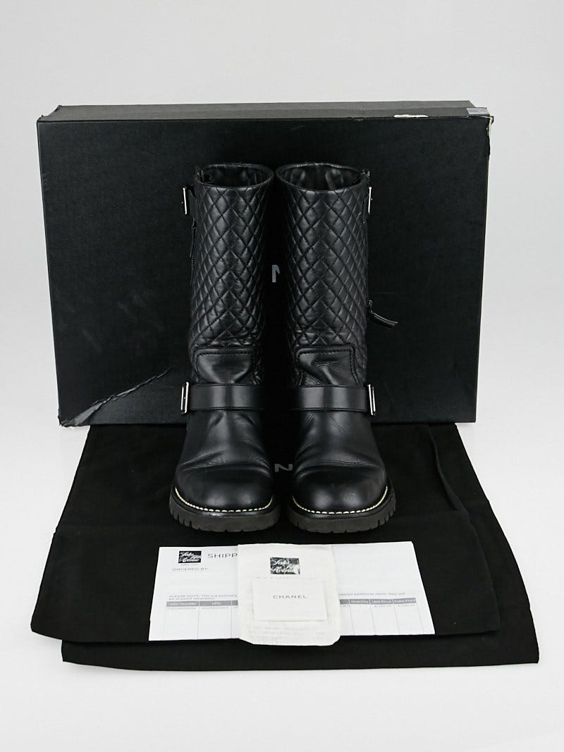 Chanel Black Quilted Leather Motorcycle Boots Size 7.5/38 - Yoogi's Closet