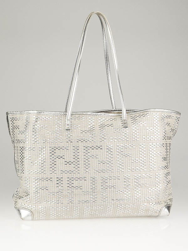 Fendi Silver Metallic Woven Leather Medium Shopper Roll Tote Bag - 8BH126